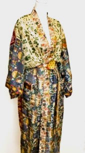 Silk Kimono Duster In a Water Color Print (Navy/Bronze)