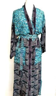 Top of the Line Silk Kimono Duster Mixed Print (Aqua/Charcoal)