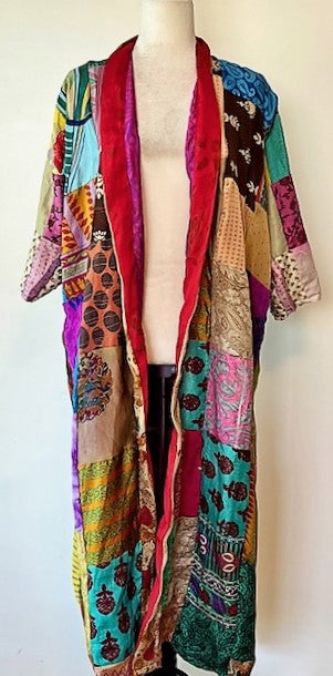 Long Patchwork Silk Kimono Celebrates Color (Handmade)