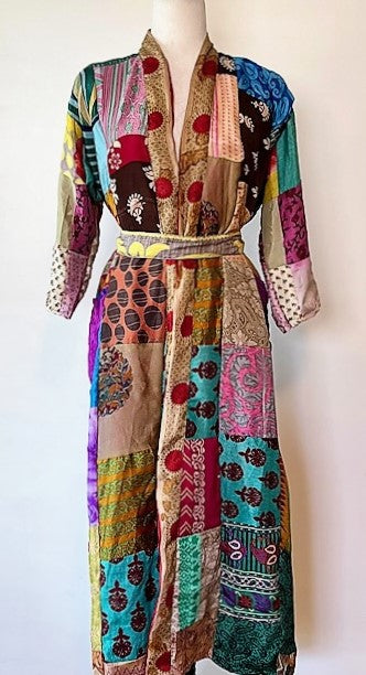 Long Patchwork Silk Kimono Celebrates Color (Handmade)