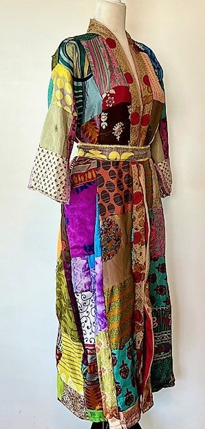 Long Patchwork Silk Kimono Celebrates Color (Handmade)