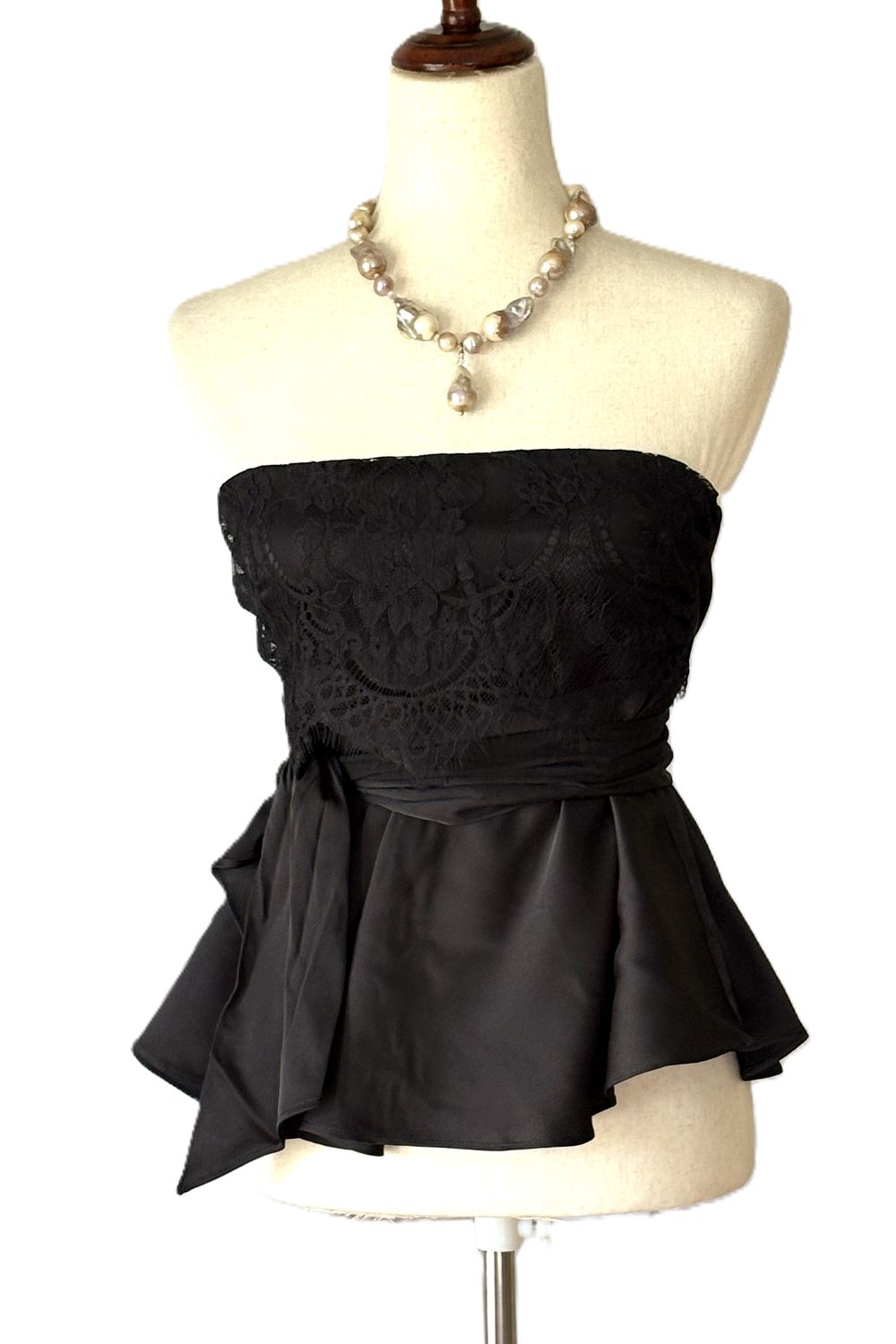 Top, Lingerie Themed Satin Strapless Lace Flared Top