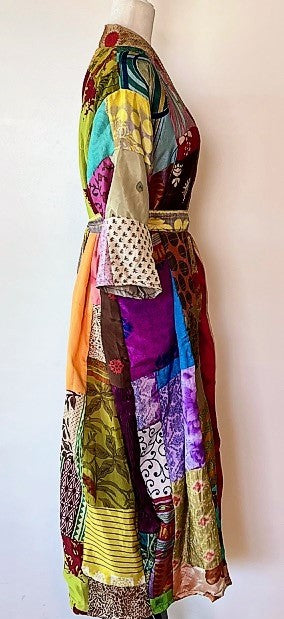 Long Patchwork Silk Kimono Celebrates Color (Handmade)