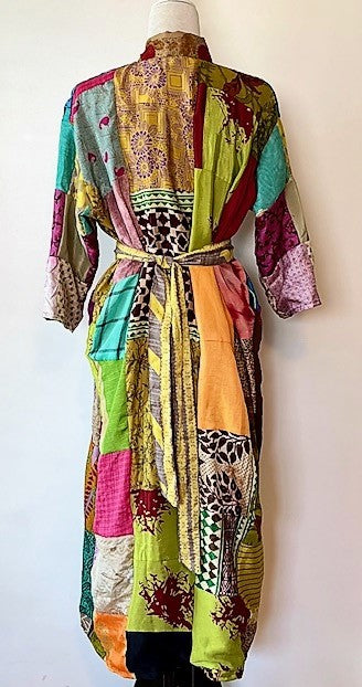 Long Patchwork Silk Kimono Celebrates Color (Handmade)