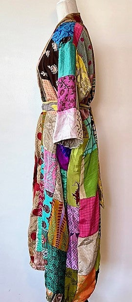 Long Patchwork Silk Kimono Celebrates Color (Handmade)