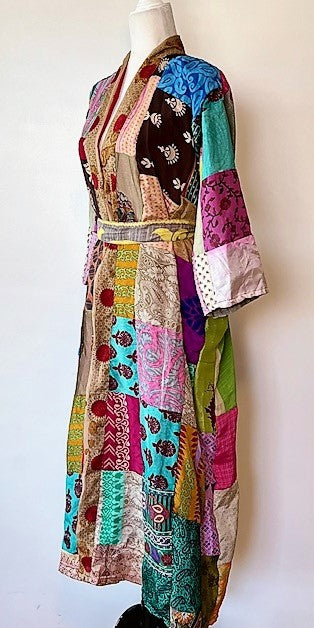 Long Patchwork Silk Kimono Celebrates Color (Handmade)