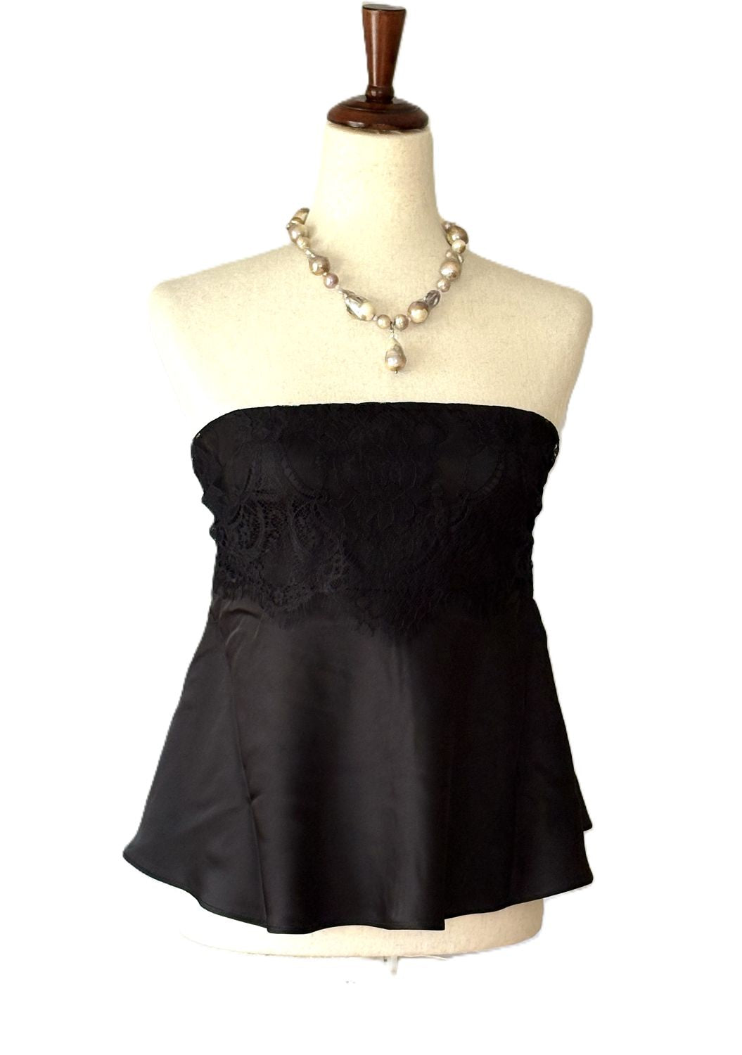 Top, Lingerie Themed Satin Strapless Lace Flared Top