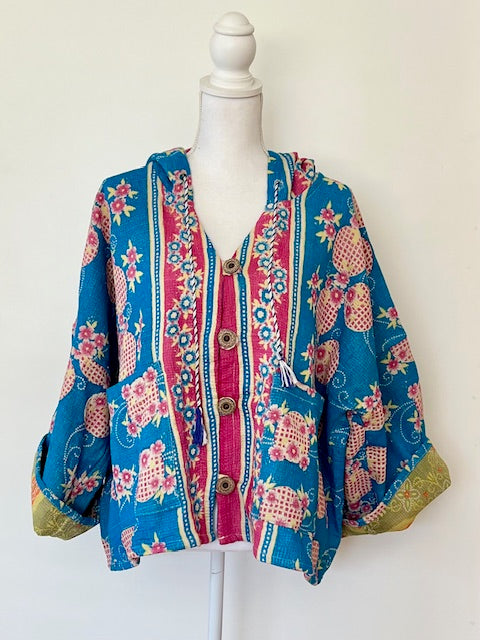 New Style Kantha Cropped Shacket Jacket (Light Blue & Pink)