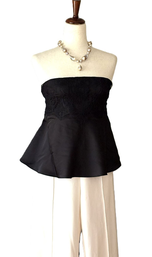 Top, Lingerie Themed Satin Strapless Lace Flared Top
