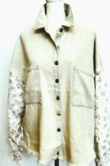 Hot Trend, Collared Button Down Shacket with Contrast Lace