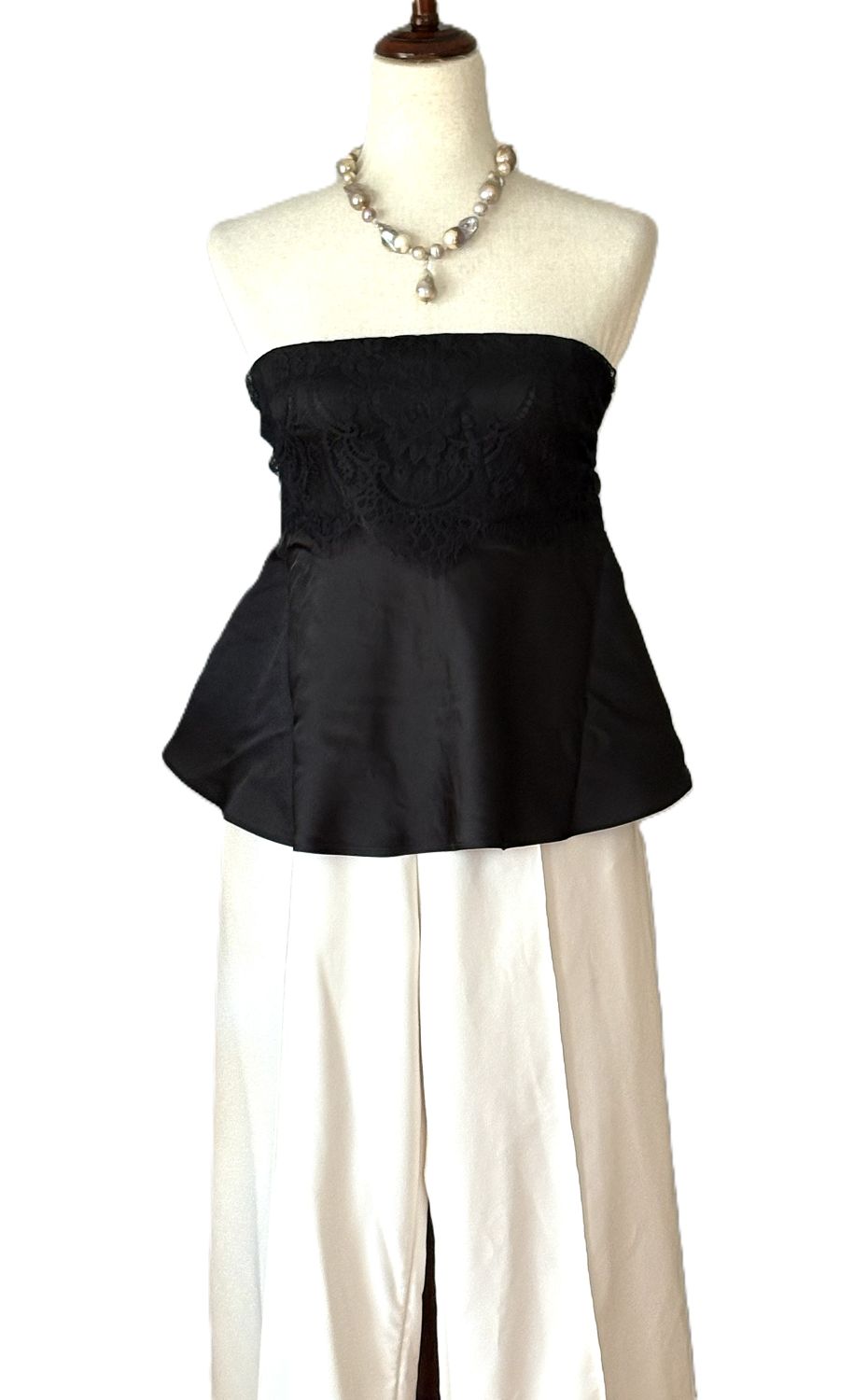 Top, Lingerie Themed Satin Strapless Lace Flared Top