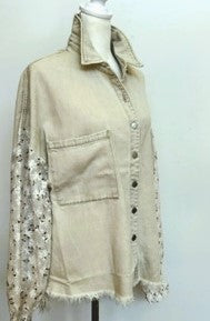 Hot Trend, Collared Button Down Shacket with Contrast Lace