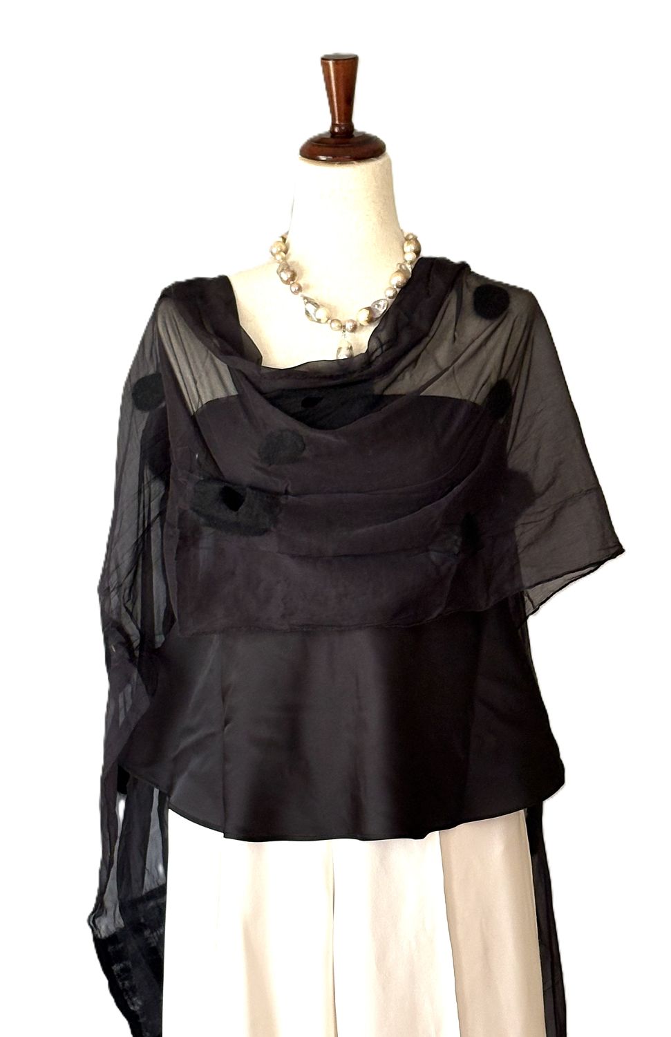 Artisan Shawl,  Circles and Dots, Black Scarf, Handmade