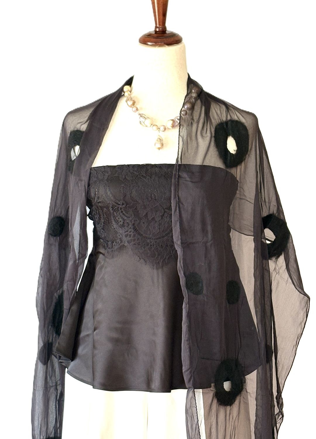 Artisan Shawl,  Circles and Dots, Black Scarf, Handmade