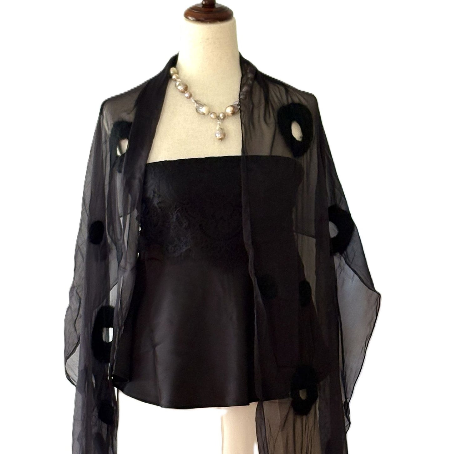 Artisan Shawl,  Circles and Dots, Black Scarf, Handmade