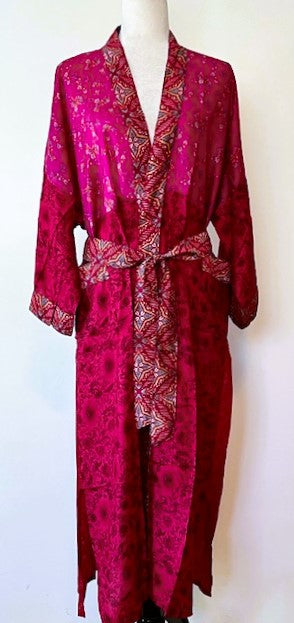 Luxurious Rich Silk Long Kimono Duster. Tone on Tone Fuschia