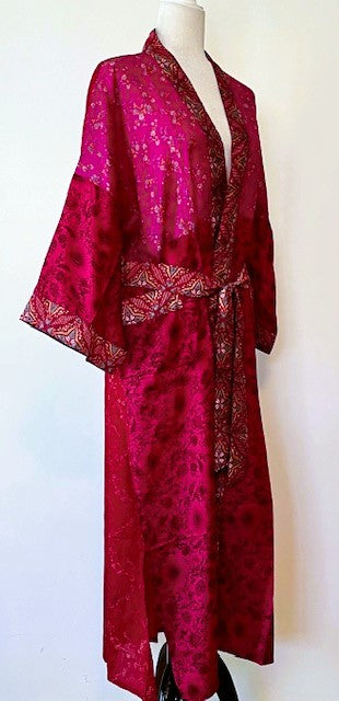 Luxurious Rich Silk Long Kimono Duster. Tone on Tone Fuschia