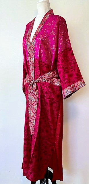 Luxurious Rich Silk Long Kimono Duster. Tone on Tone Fuschia