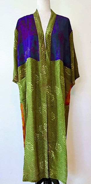 Luxurious Abstract Floral Silk Kimono Duster: Color Block Purple and Cerise