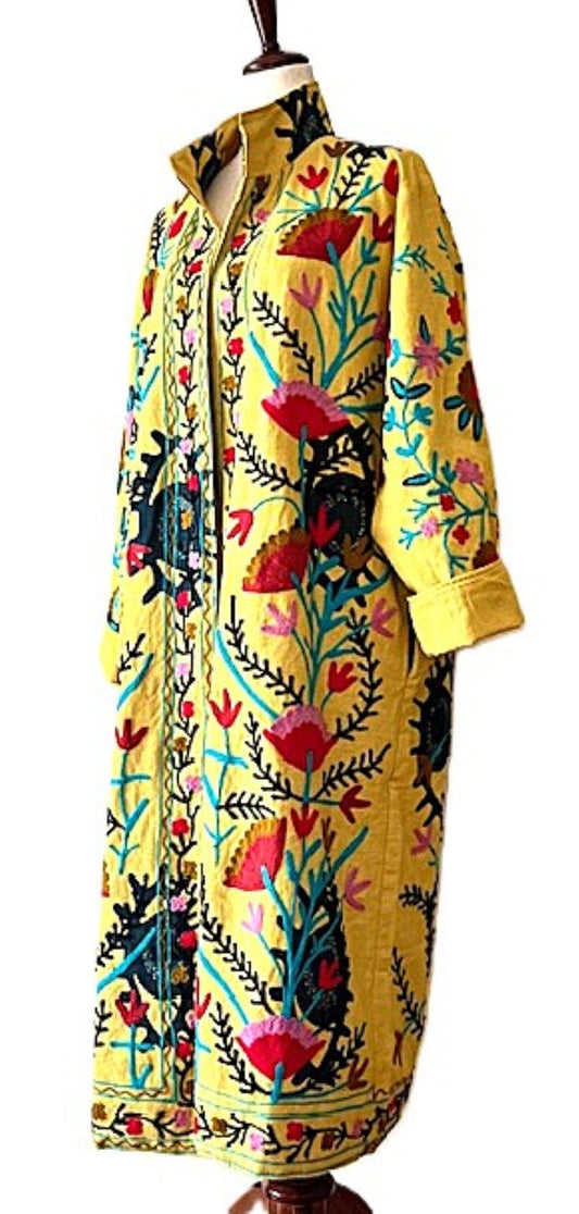 Jacket: Long Embroidered Colorful Suzani Top Coat. (Yellow)