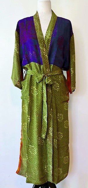 Luxurious Abstract Floral Silk Kimono Duster: Color Block Purple and Cerise