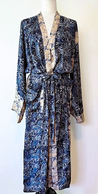 Elegant Long Silk Kimono Duster Is Refined. Navy print