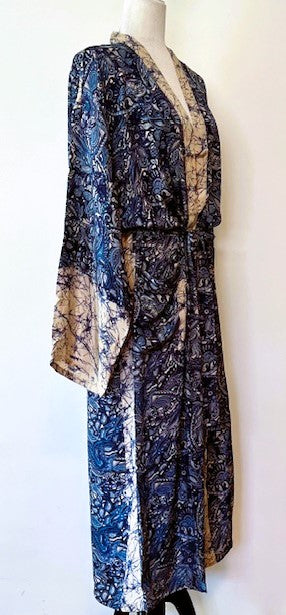 Elegant Long Silk Kimono Duster Is Refined. Navy print