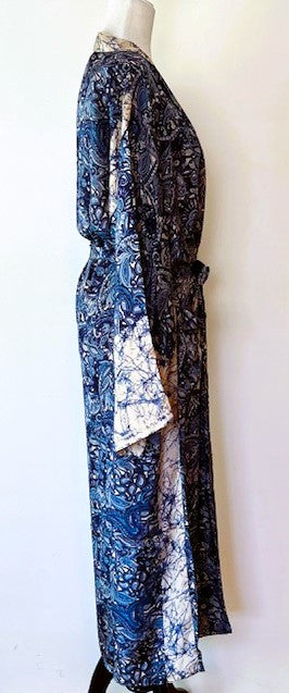 Elegant Long Silk Kimono Duster Is Refined. Navy print