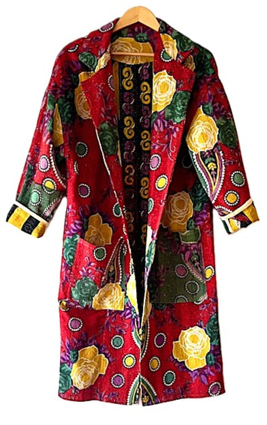 Jacket - Wearable Art, Long Boho Quilted Patchwork Coat Is A Statement Piece (Red Floral)