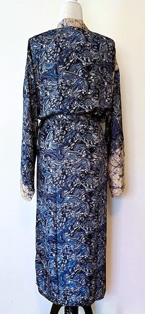 Elegant Long Silk Kimono Duster Is Refined. Navy print