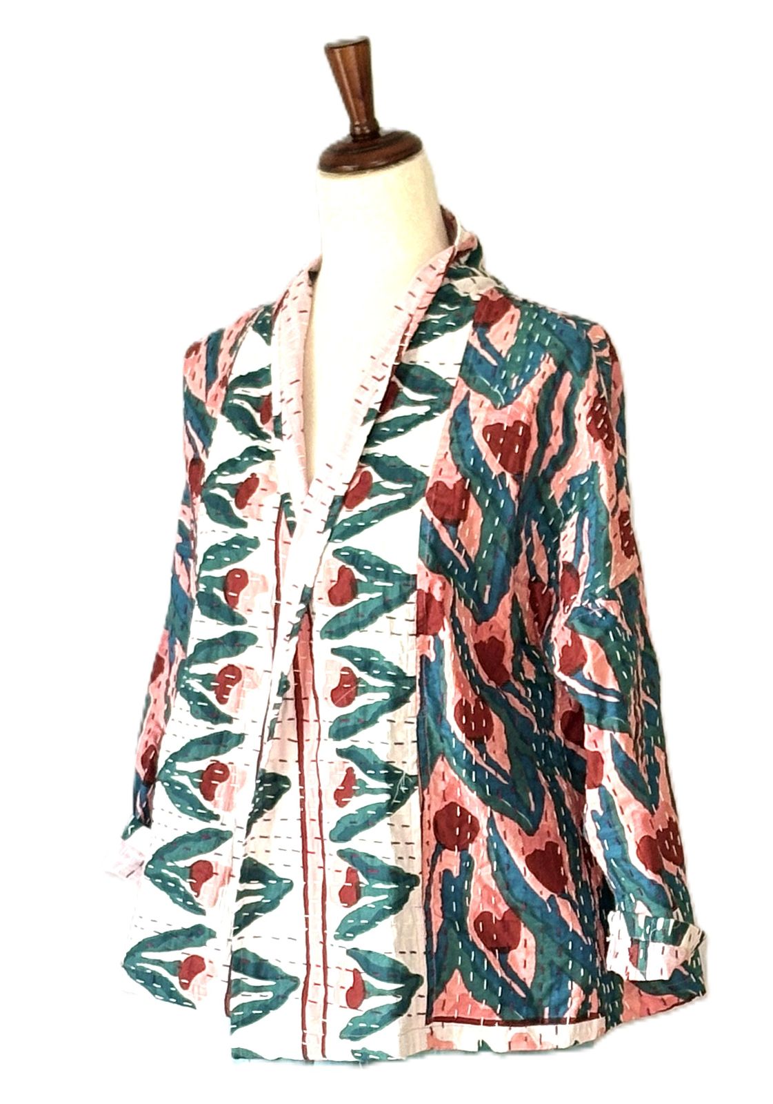 Kantha Quilted Short Handmade Cotton Jacket With Border (Geometric)