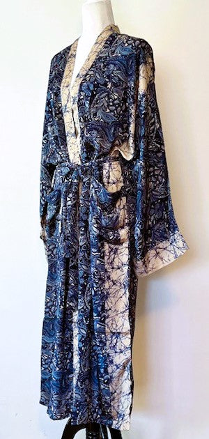 Elegant Long Silk Kimono Duster Is Refined. Navy print