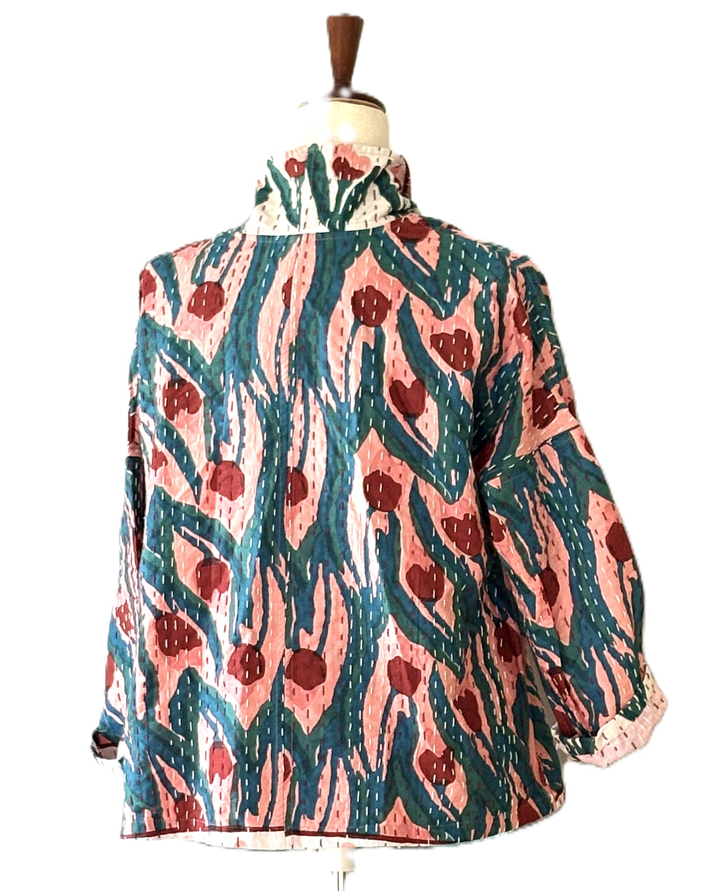 Kantha Quilted Short Handmade Cotton Jacket With Border (Geometric)