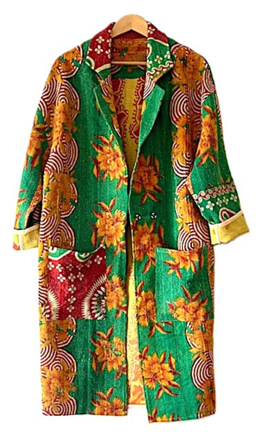 Jacket - Wearable Art, Long Boho Quilted Patchwork Coat Is A Statement Piece (Green Floral)