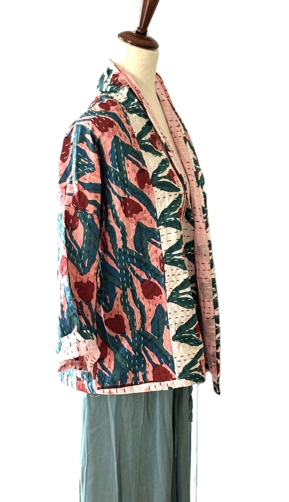 Kantha Quilted Short Handmade Cotton Jacket With Border (Geometric)