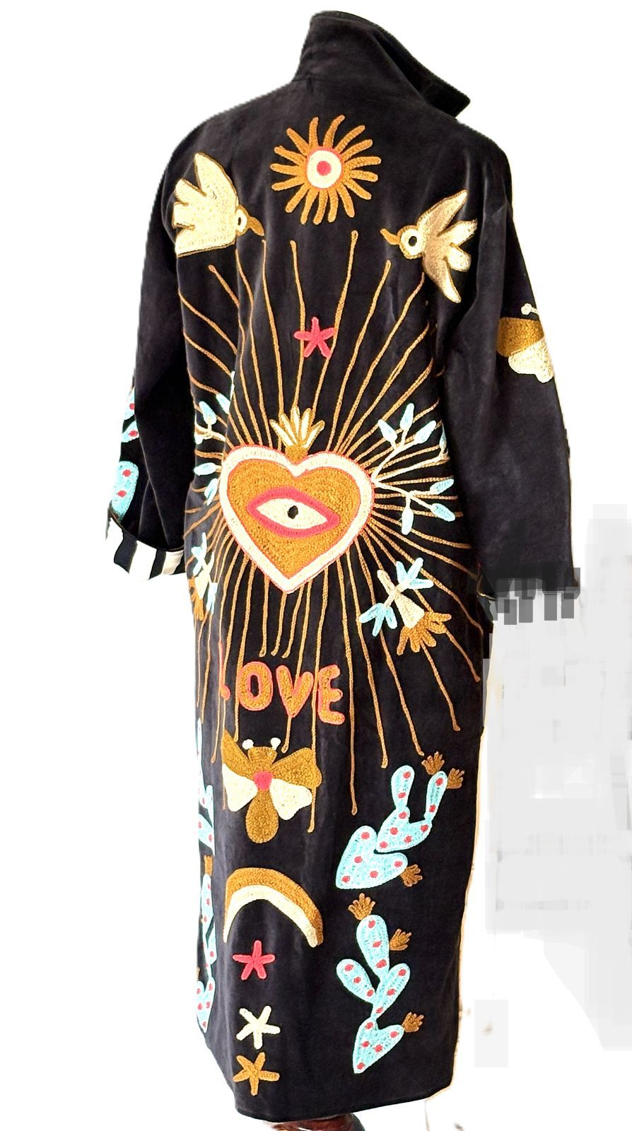 Jacket - Wearable Art, Suzani Hand Embroidered Kimono Duster Coat (Black Multicolored)