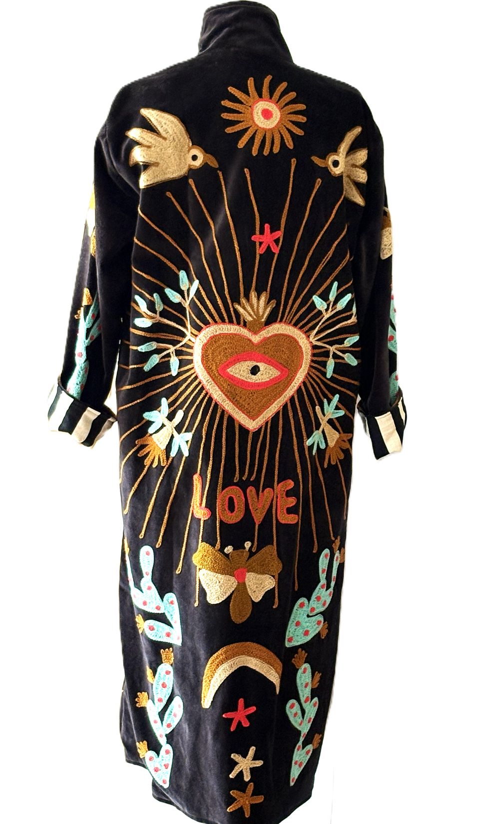 Jacket - Wearable Art, Suzani Hand Embroidered Kimono Duster Coat (Black Multicolored)