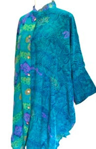Button Down Easy Silk Tunic With Tie (Blue/Green)