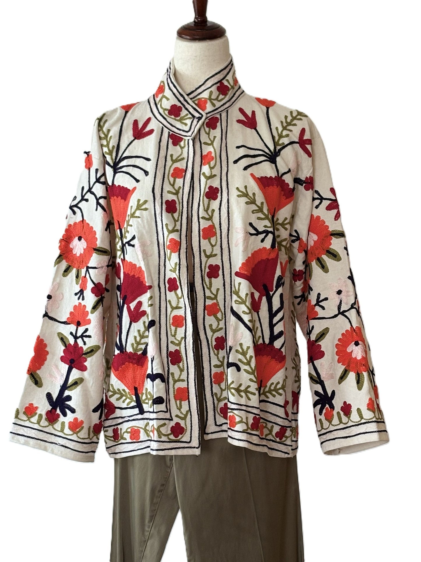 Wearable Art In This Beautiful Khadi Suzani Hand Embroidered Floral Jacket. (Red & White)