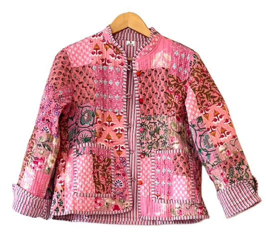 Reversible Cotton Quilted  Womens Jacket With Stripe Piping. New Print (Pink)