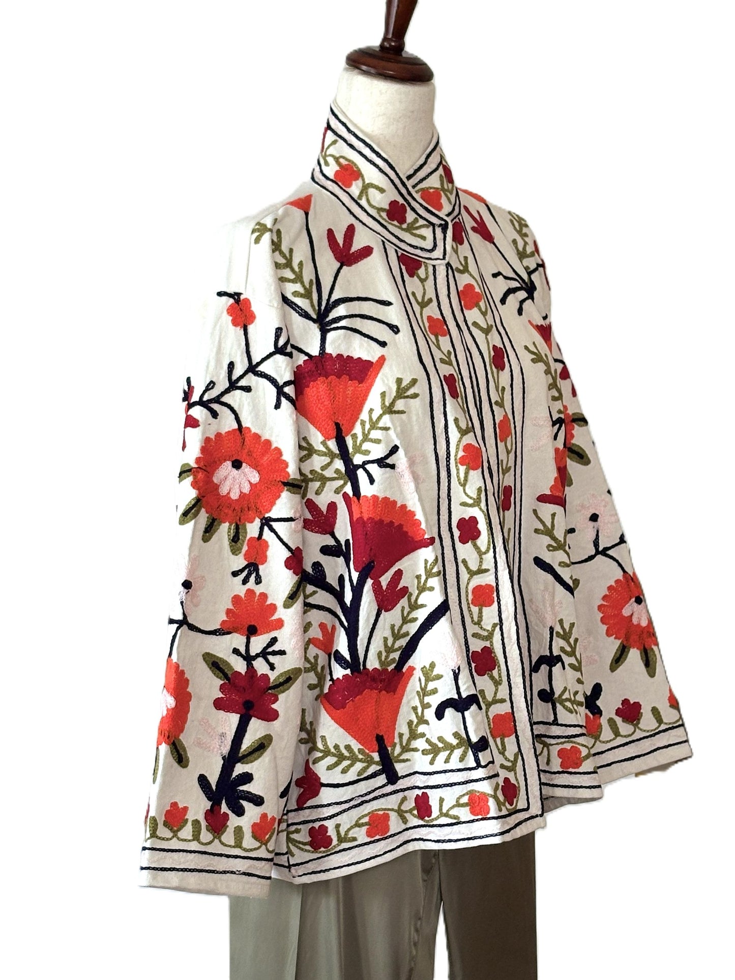 Wearable Art In This Beautiful Khadi Suzani Hand Embroidered Floral Jacket. (Red & White)