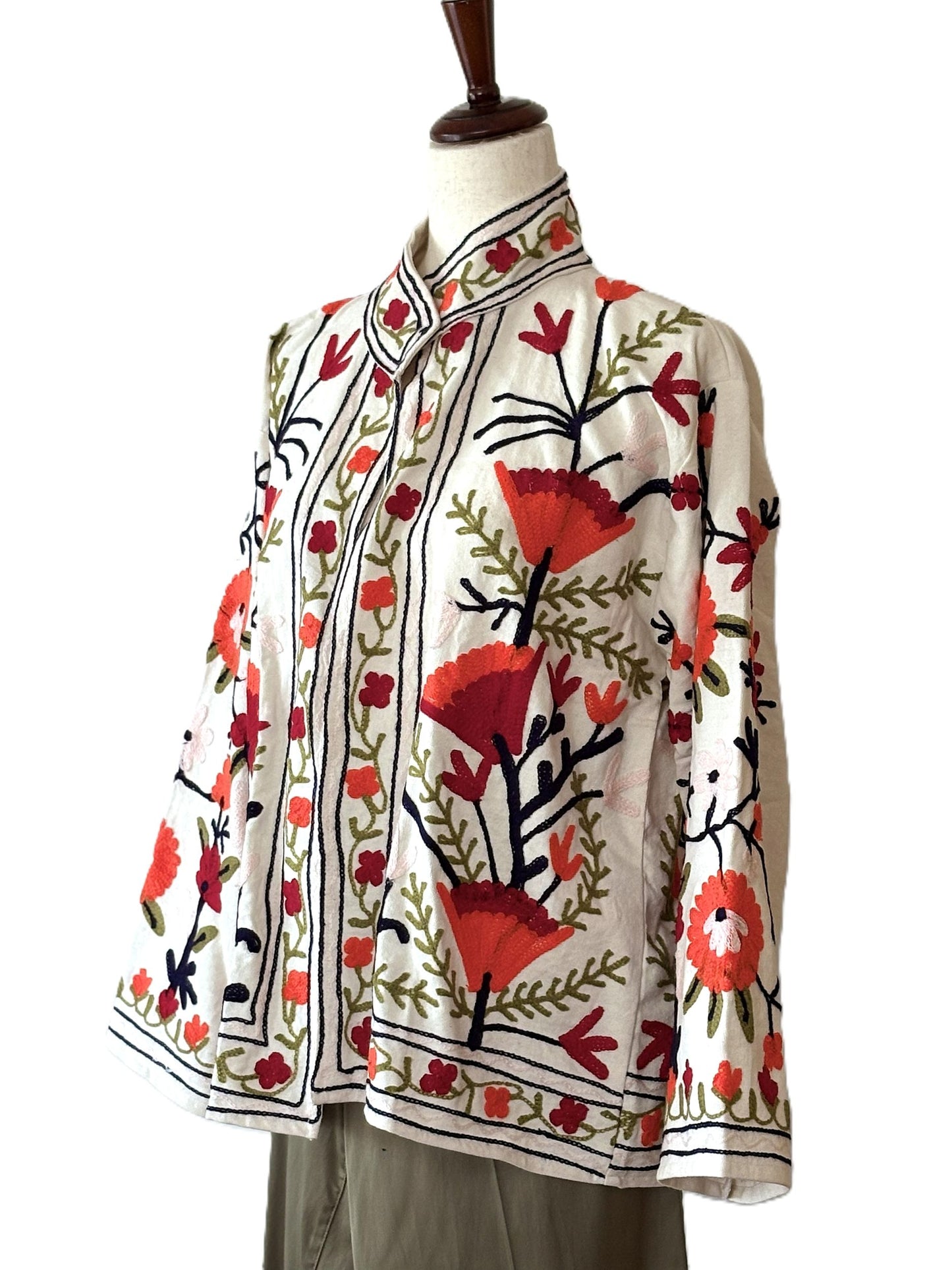 Wearable Art In This Beautiful Khadi Suzani Hand Embroidered Floral Jacket. (Red & White)
