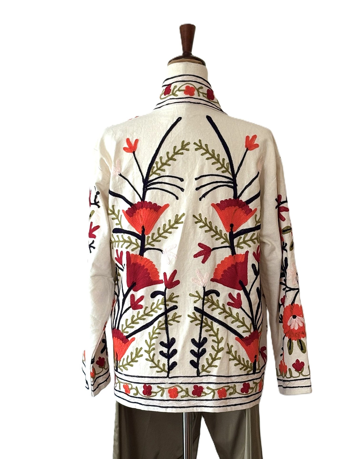 Wearable Art In This Beautiful Khadi Suzani Hand Embroidered Floral Jacket. (Red & White)