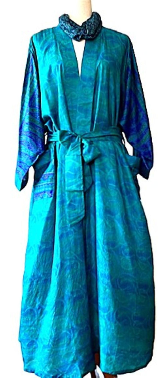 Luxurious Rich Silk Long Kimono Duster. Glamorous (Turquoise)