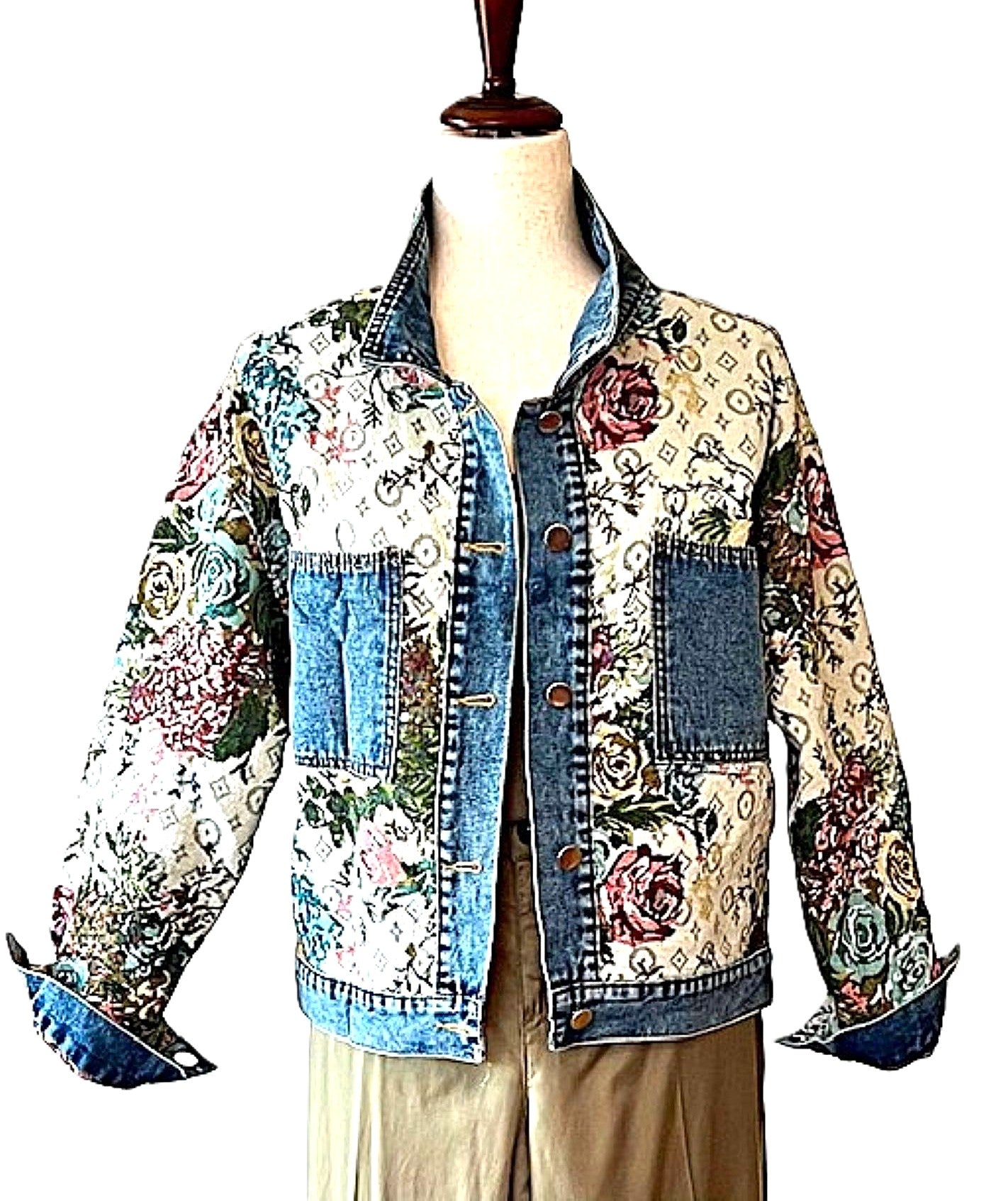 Jacket: Vintage Style Floral Pattern Boho Denim Jean