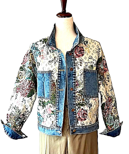 Jacket: Vintage Style Floral Pattern Boho Denim Jean