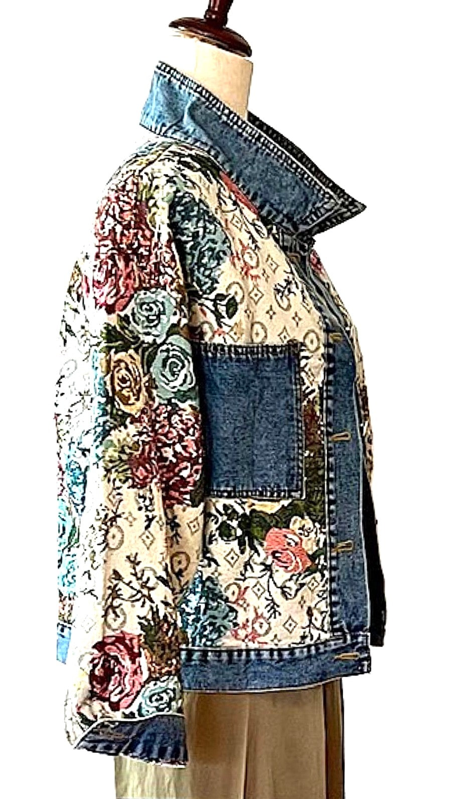 Jacket: Vintage Style Floral Pattern Boho Denim Jean
