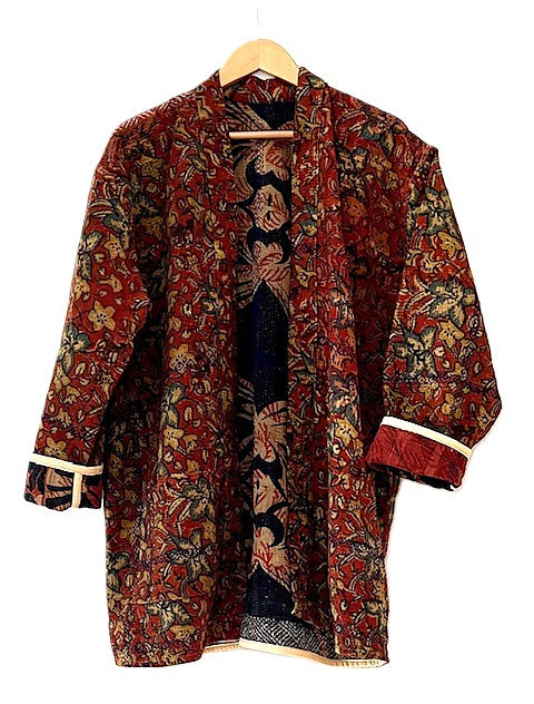 Jackets, Fully Reversible Short Quilted Jacket With Kantha Stitching. (Copper Red)