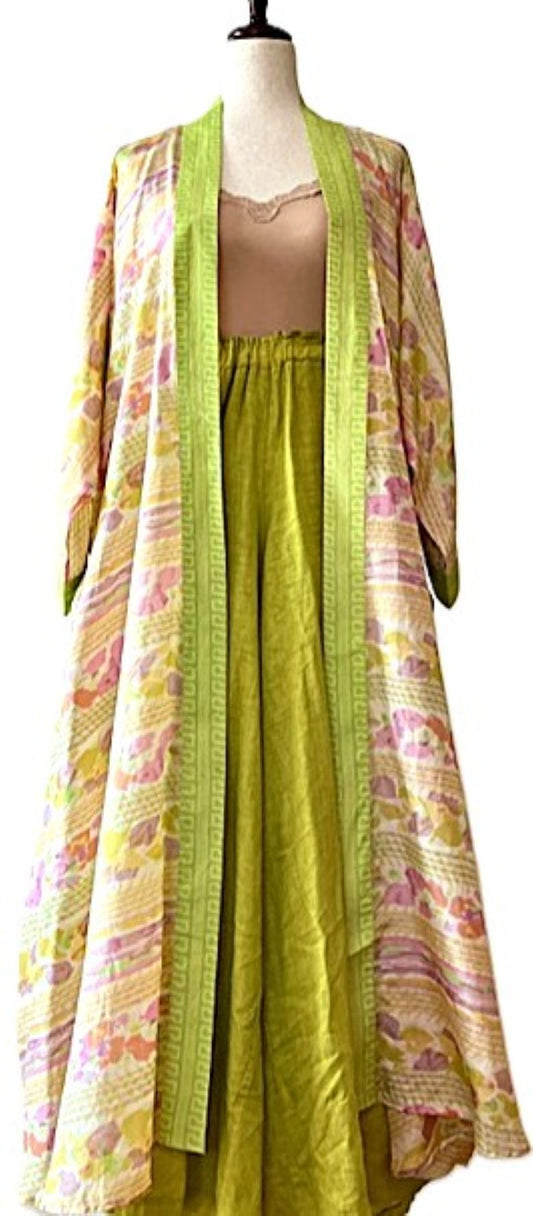 Luxurious Rich Silk Long Kimono Duster. Glamorous (Pastel)