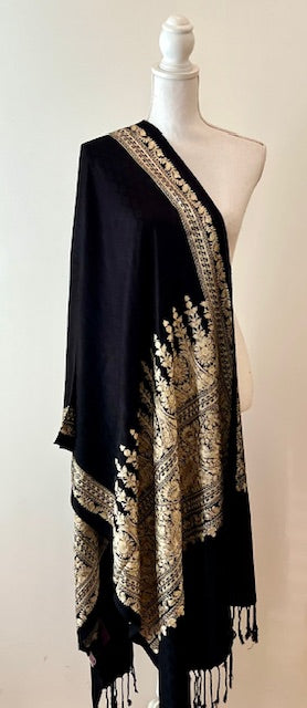 Vimala Embroidered Shawl, Black & Gold